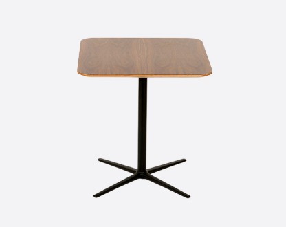 Mothership tea table with metal base—bistro‑style simplicity with sleek plywood top and slender metal support.